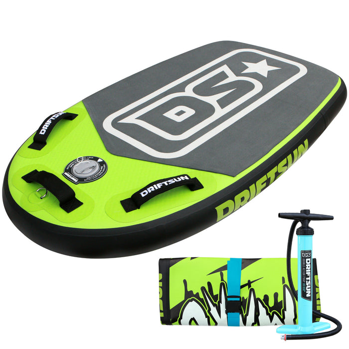angled view of Driftsun Dropstitch Mako Bodyboard Green with pump and rolled up bodyboard