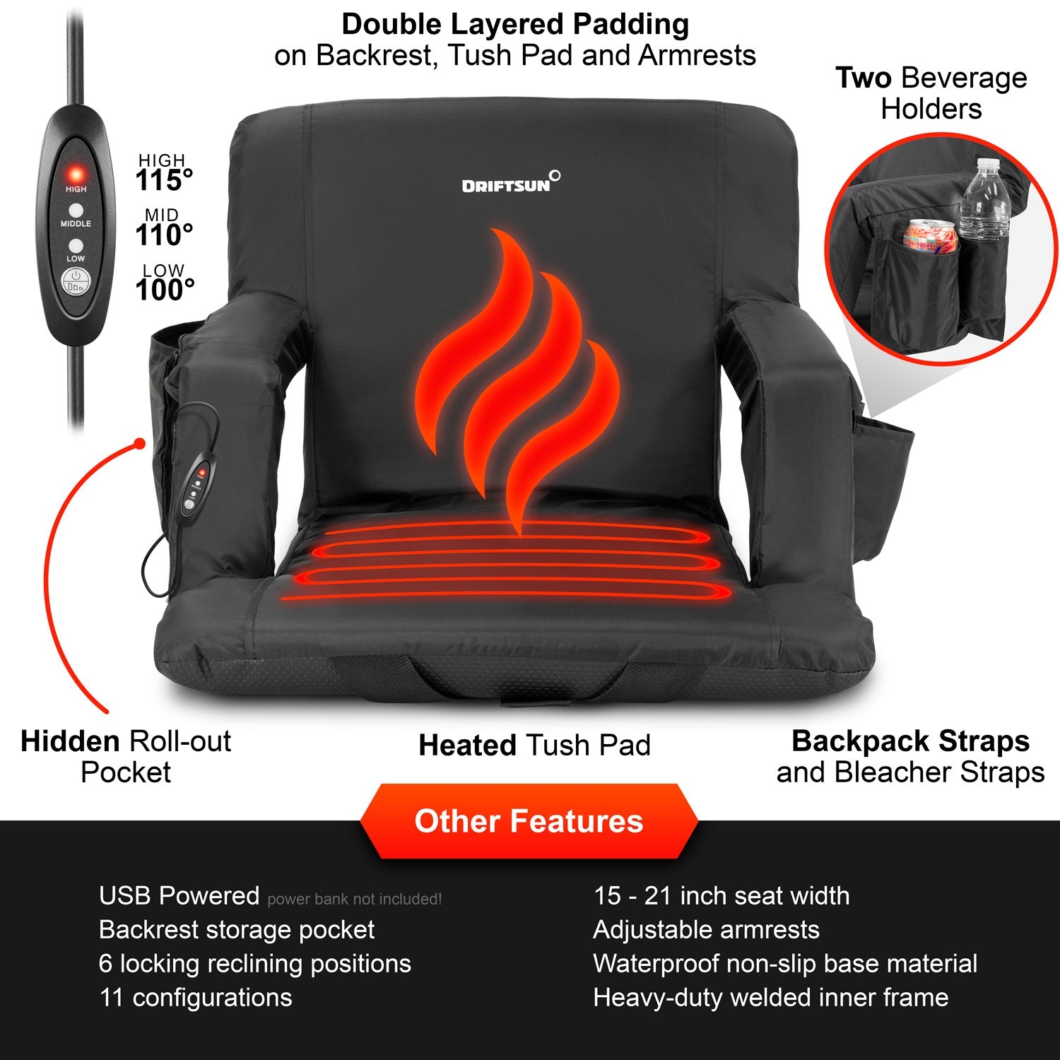 The Hot Seat, Heated Stadium Bleacher Seat, Reclining Padded Back Arm Support eB The Hot Seat, Heated Stadium Bleacher Seat, Reclining Padded Back Arm Support eB