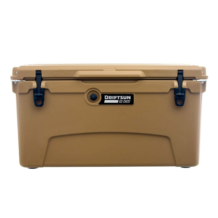Front view of Driftsun, 75-Quart  Ice Chest | View of Quick Clip Latches in Tan Color