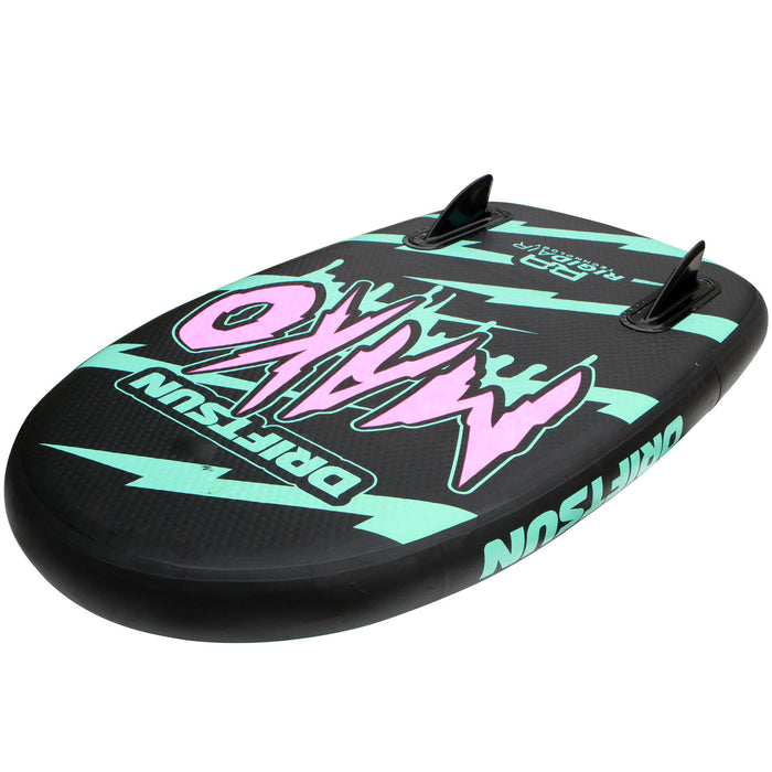 angled view of Driftsun Dropstitch Mako Bodyboard Blue with fins