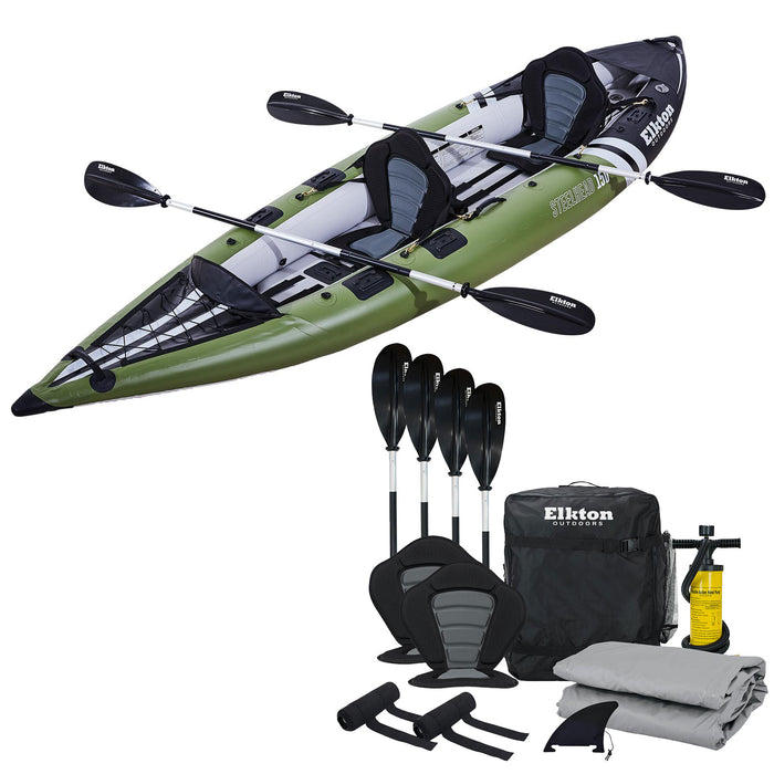  Elkton Outdoors Hard Shell Recreational Tandem Kayak, 2 or 3  Person Sit On Top Kayak Package with 2 EVA Padded Seats, Includes 2  Aluminum Paddles and Fishing Rod Holders (Camo) : Sports & Outdoors