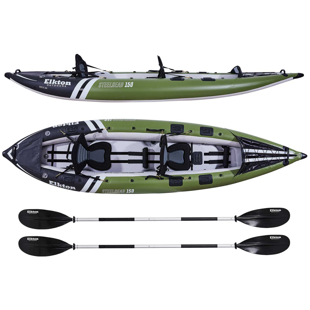Elkton Outdoors Comorant 2 Person Tandem Inflatable Fishing Kayak, 10-Foot with EVA Padded Seats, Includes 2 Active Fishing Rod Holder Mounts, 2