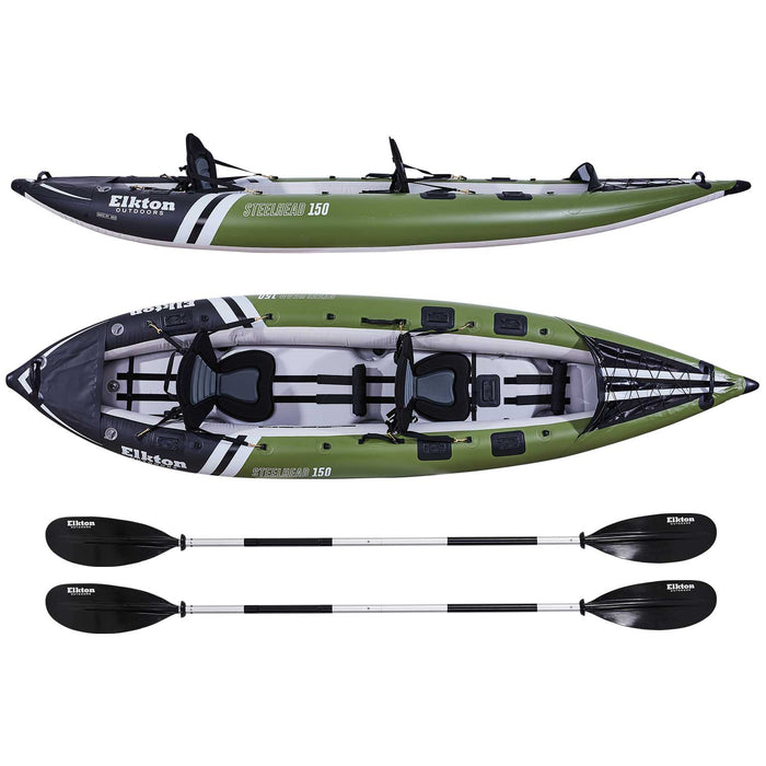 Elkton Outdoors Steelhead Inflatable Fishing Kayak - Two-Person Angler Blow Up Kayak