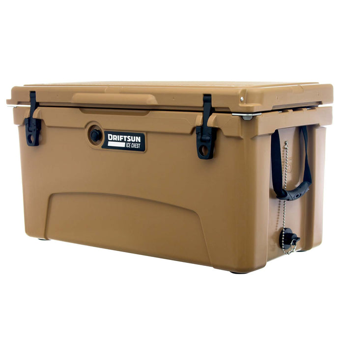  Front and Side of 75-Quart Driftsun Rotomolded Ice Chest Showing   Bottle Openers, Carry Handles and Drain Plug.